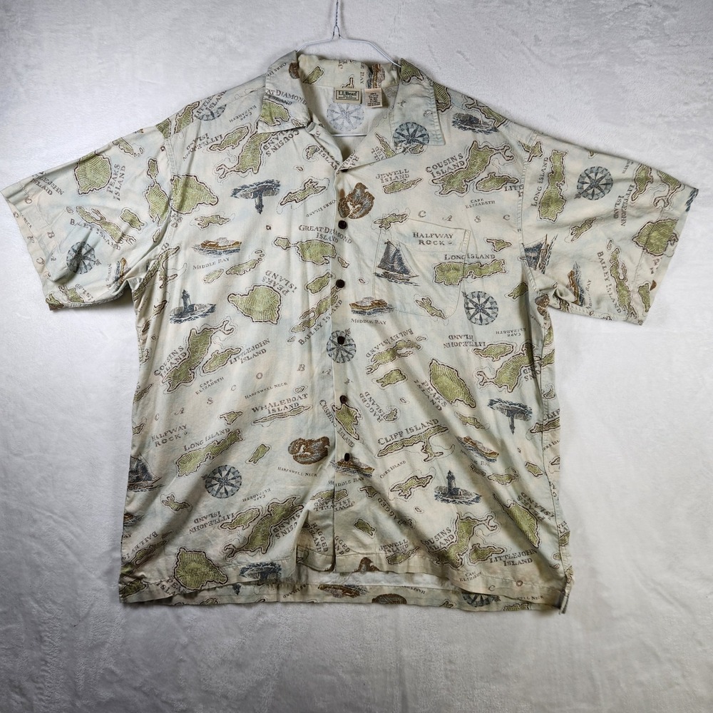 LL Bean Men's‎ XL Regular Map Print Button Down Shirt Short Sleeve Casual